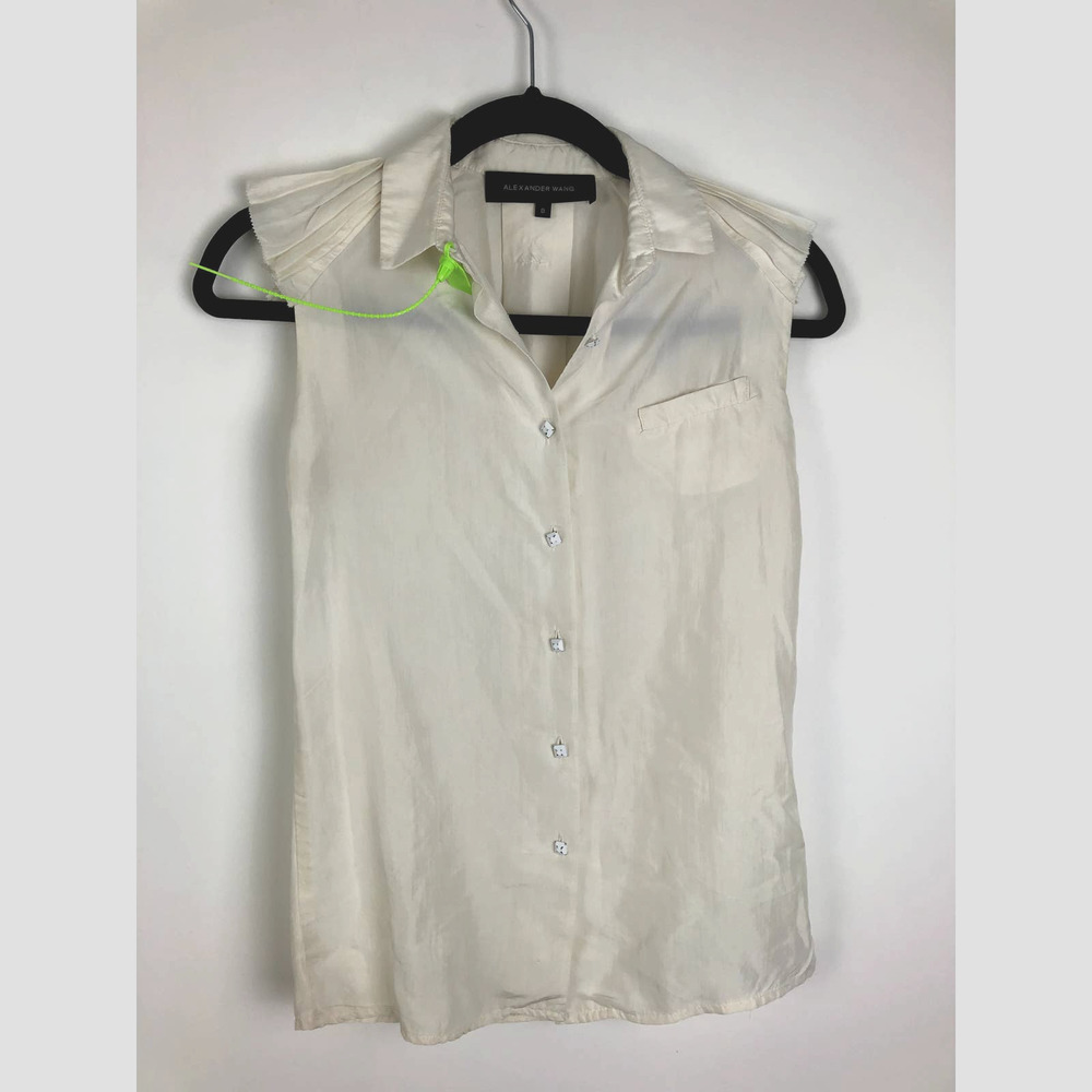 ALEXANDER WANG Pleat Detail Button Down Silk Top Ivory Size 0 Light Semi-Sheer